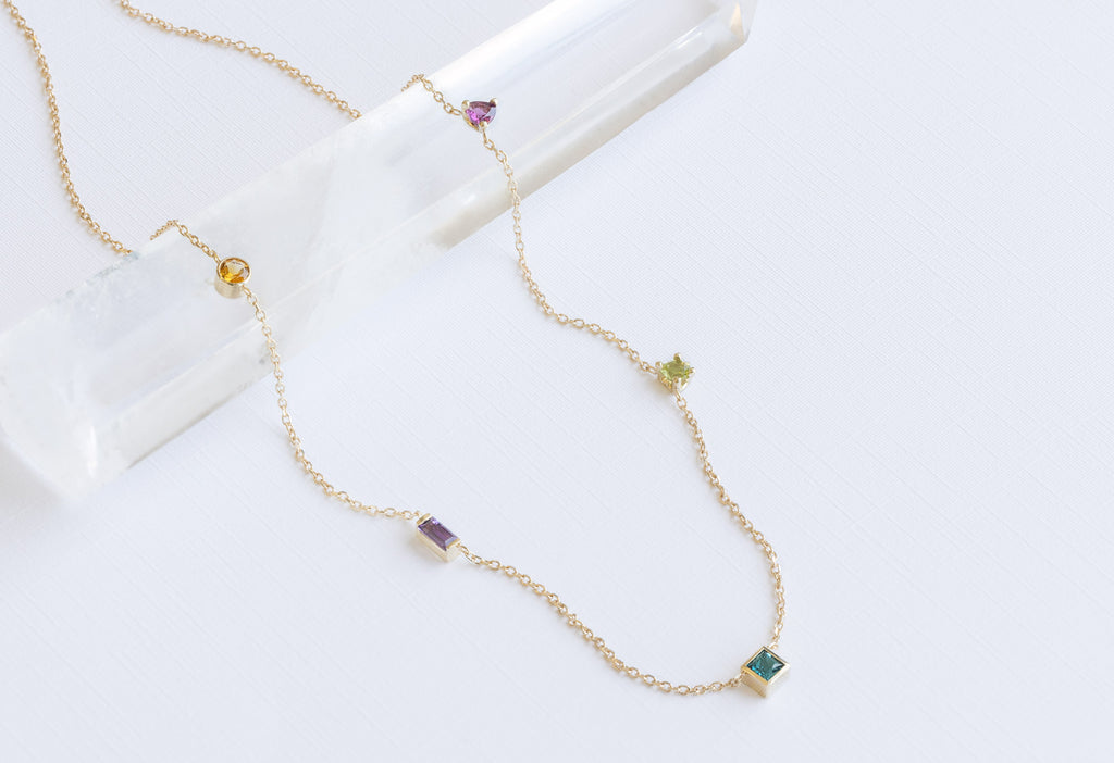 Candy Gemstone Necklace on White Crystal and Textured White Paper