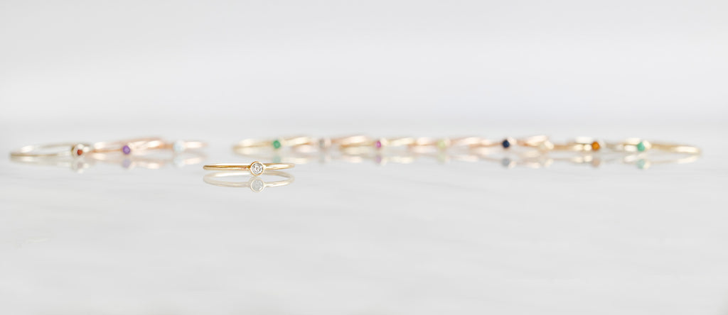 Alexis Russell Birstone Stacking Rings in a line with diamond stacker in front