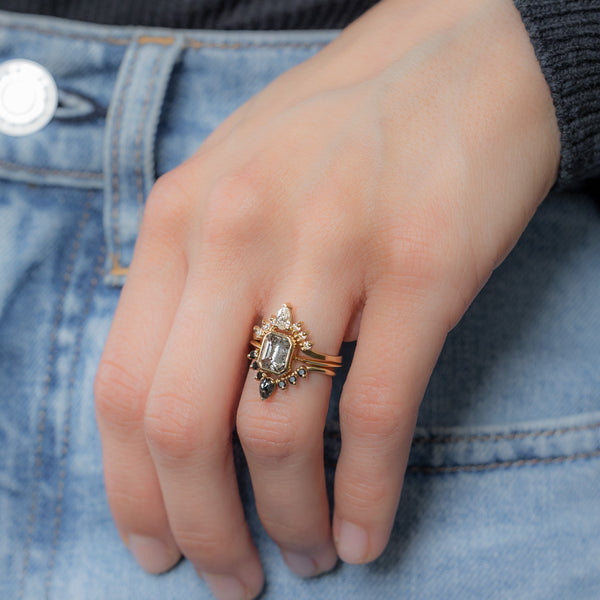 Yellow Gold Diamond Engagement Ring with Stacking Bands on Model with Hand in Jeans Pocket
