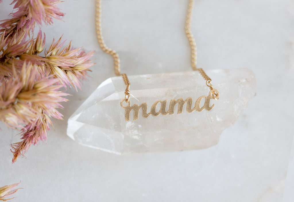 Yellow Gold Mama Necklace on hexagonal crystal