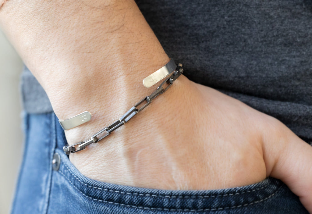 Men's Drawn Cable Chain Bracelet Layered on Model