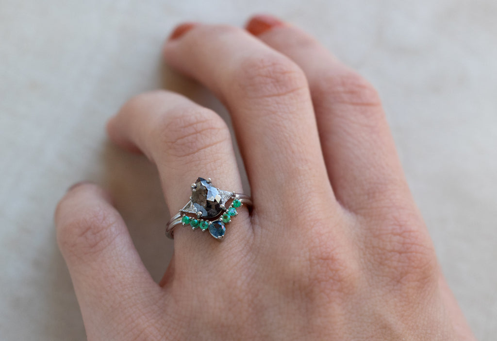Montana Sapphire + Emerald Sunburst Stacking Ring Stacked with Engagement Ring on Model