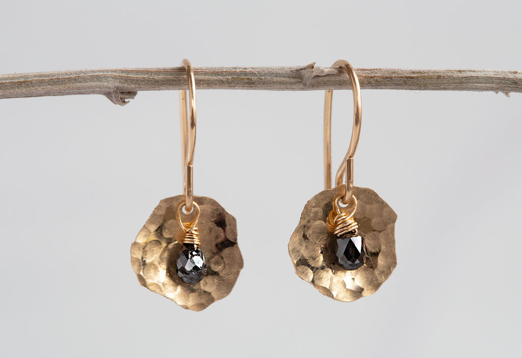 Black Diamond Petal Earrings hanging on small twig
