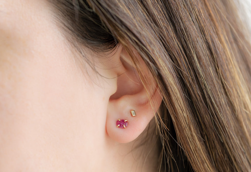 Natural Rose Cut Ruby Hexagon Stud Earrings Stacked on Model
