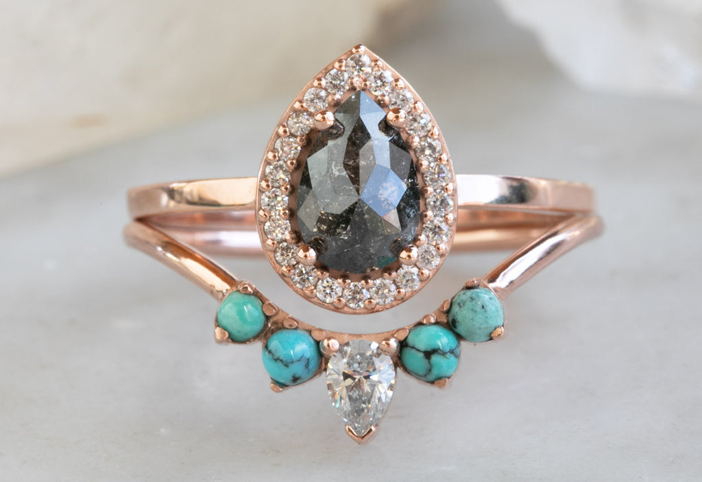 Turquoise and White Diamond Sunburst Stacking Ring with Diamond Engagement Ring