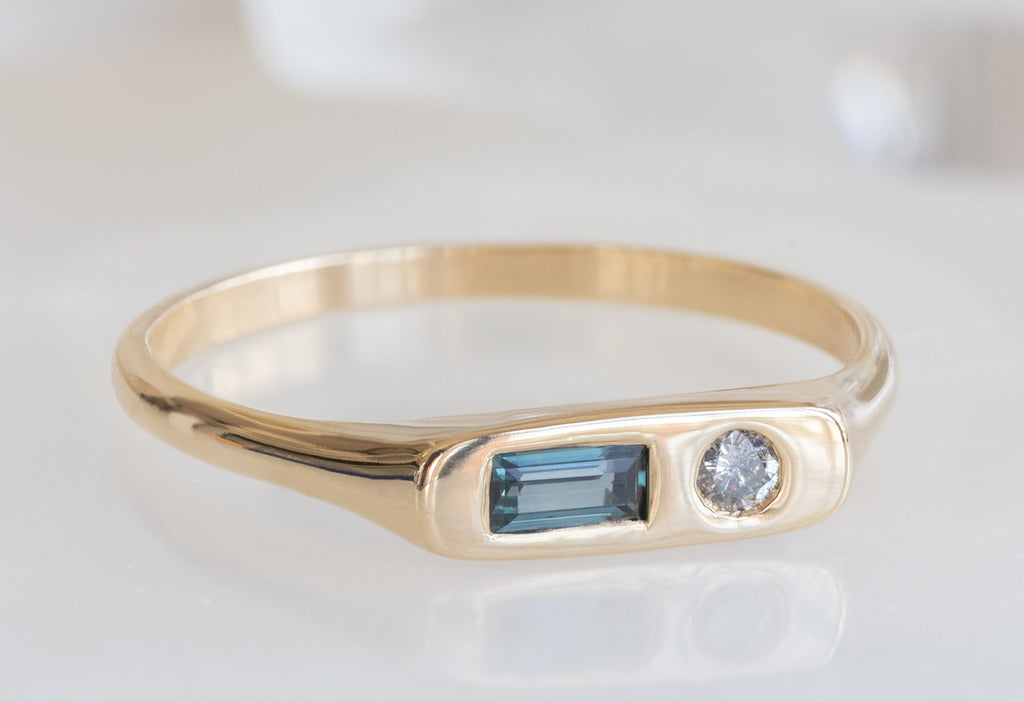 Asymmetrical Sapphire + Diamond Signet Ring
