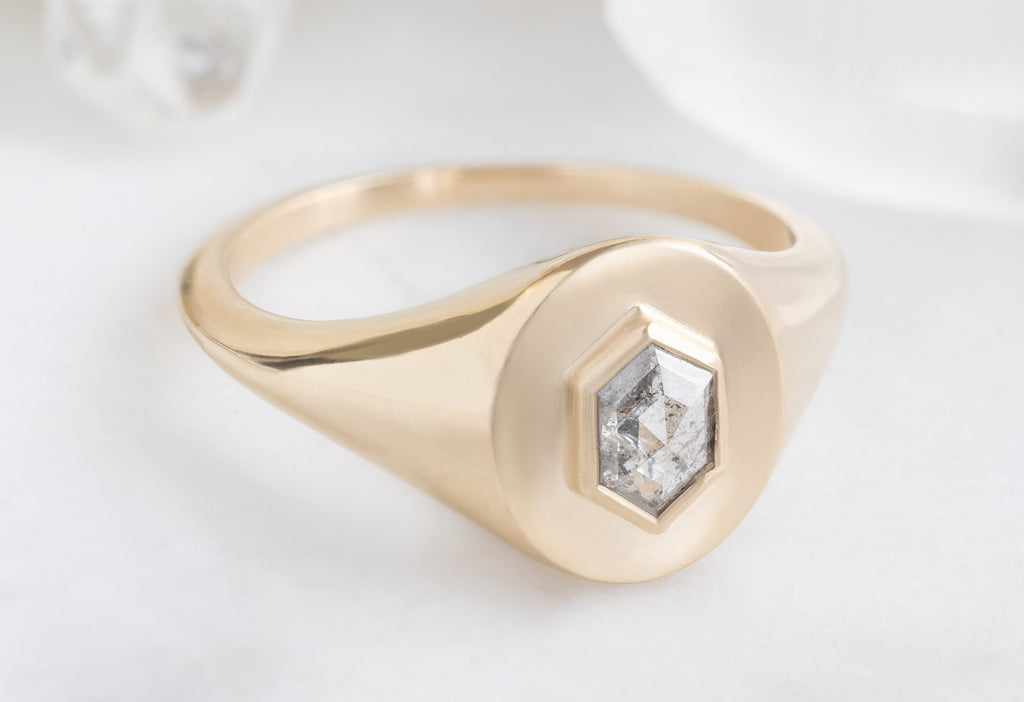 Side View of The Salt and Pepper Hexagon Diamond Signet Ring