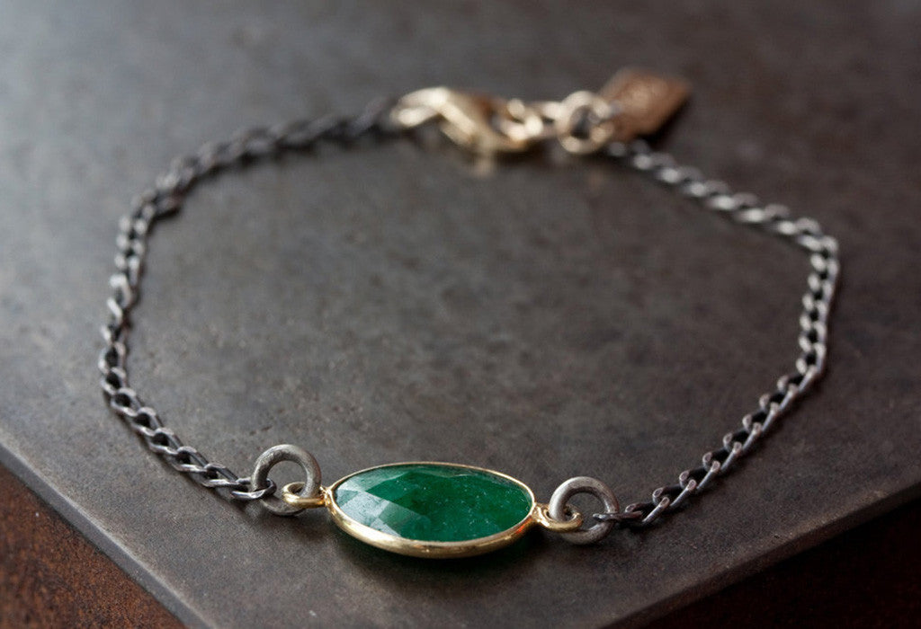 Simple Gemstone Bracelet - Mixed Metal in Emerald