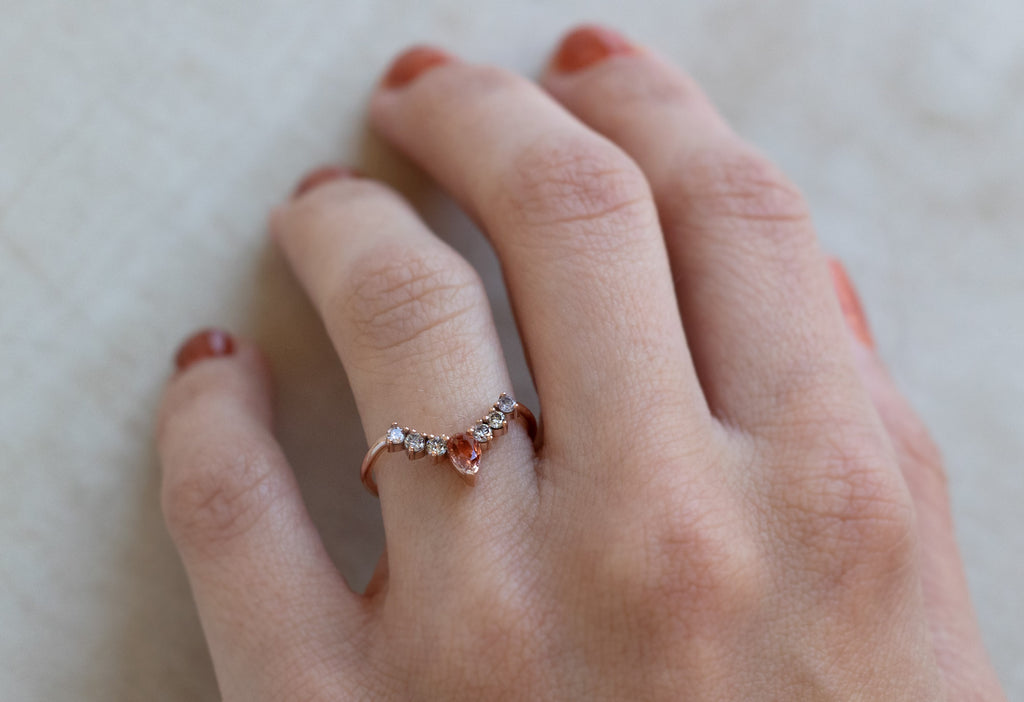 Sunstone + Pink Diamond Sunburst Stacking Ring on Model