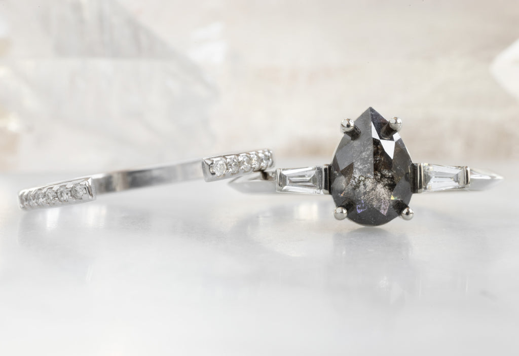 The Ash Ring with a Rose-Cut Black Diamond with Open Cuff Pavé Stacking Band
