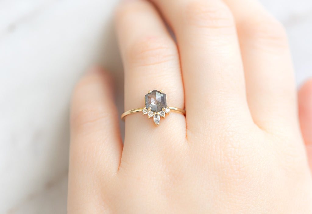 The Aster Ring with a Salt and Pepper Hexagon Diamond on Model