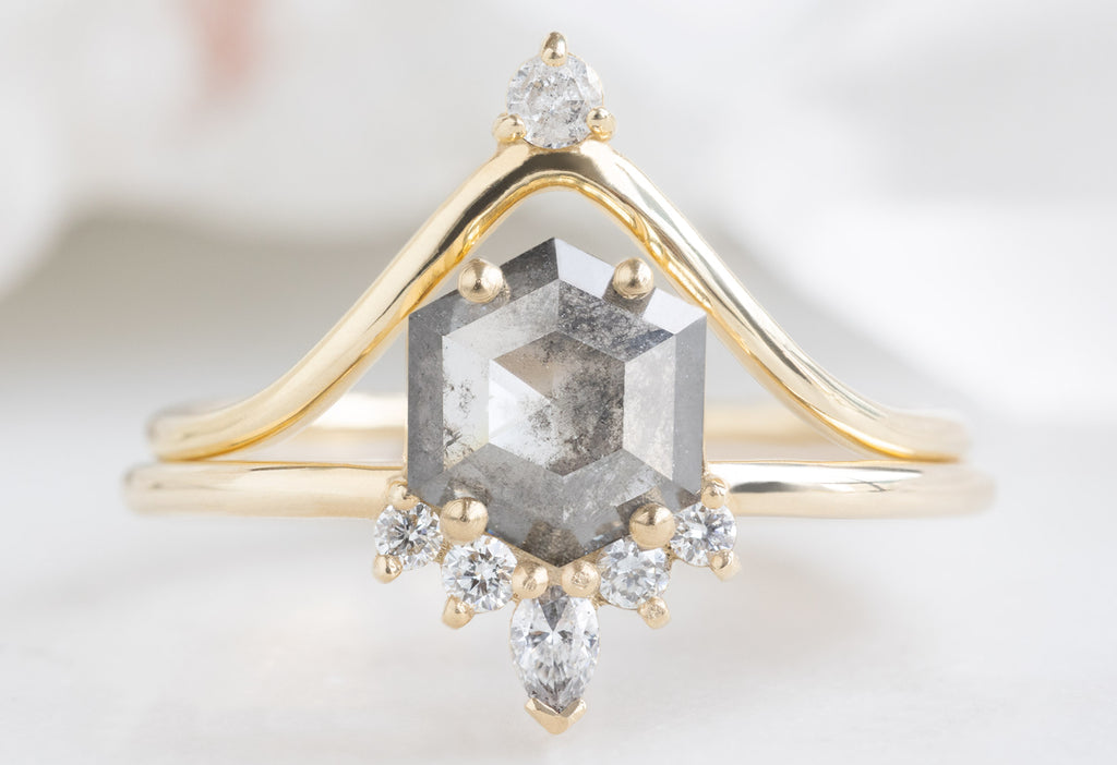 The Aster Ring with a Salt and Pepper Hexagon Diamond with Diamond Crown Stacking Band