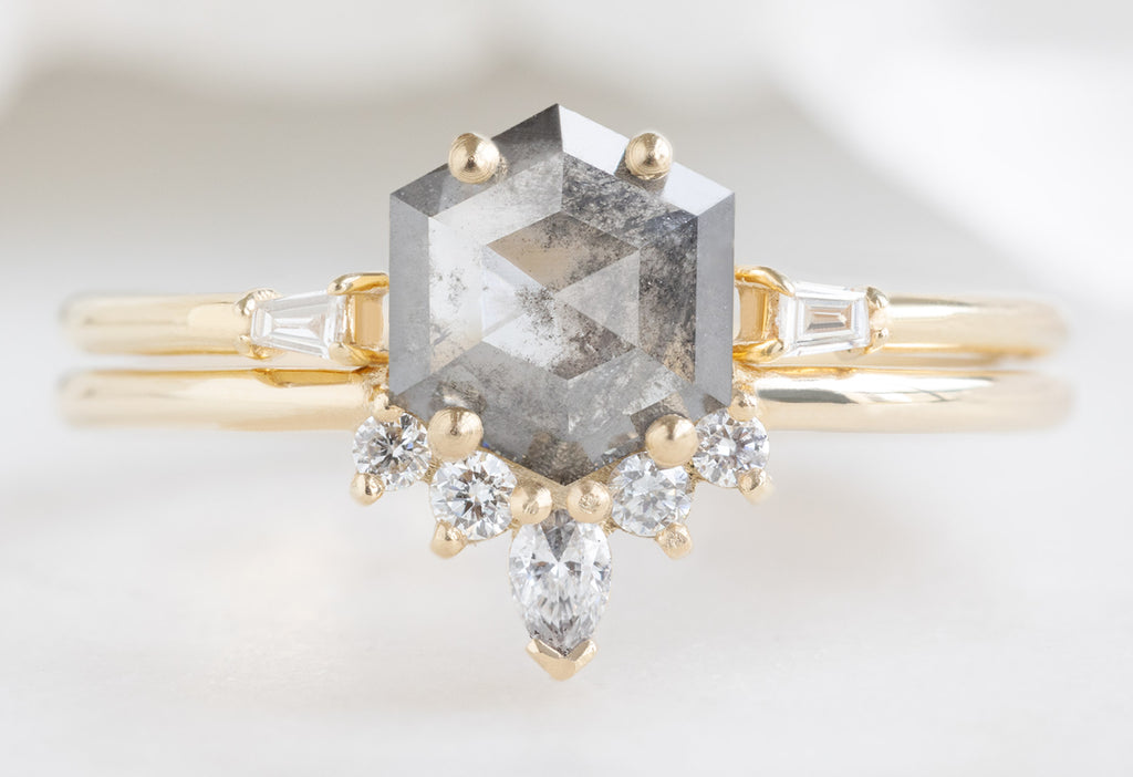 The Aster Ring with a Salt and Pepper Hexagon Diamond with Open Cuff Baguette Stacking Band