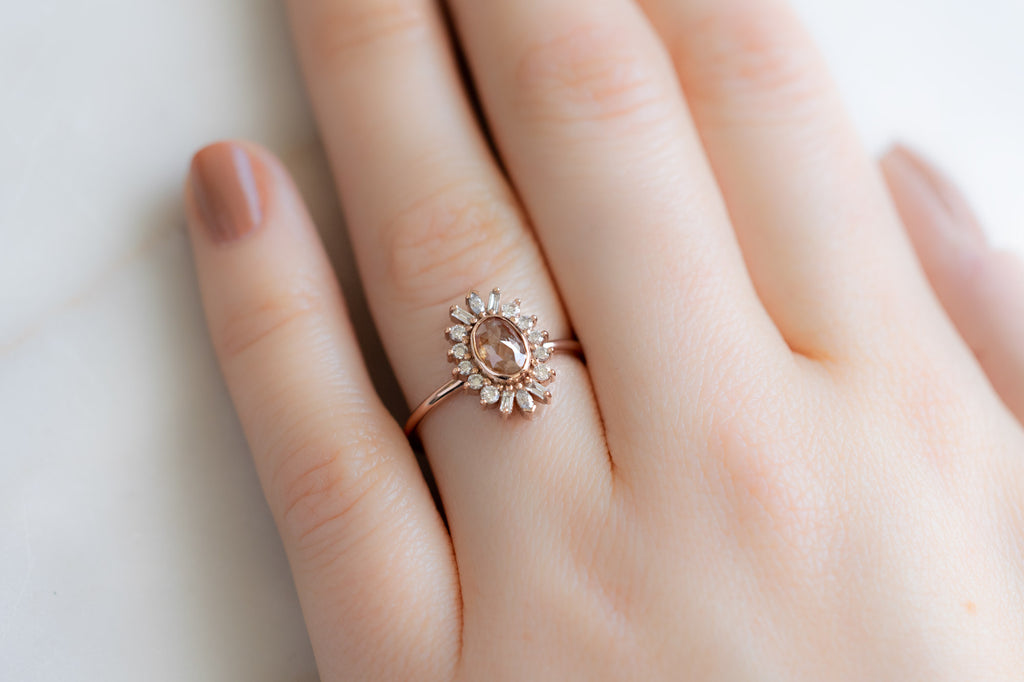 The Camellia Ring with a Cushion-Cut Red Diamond on Model