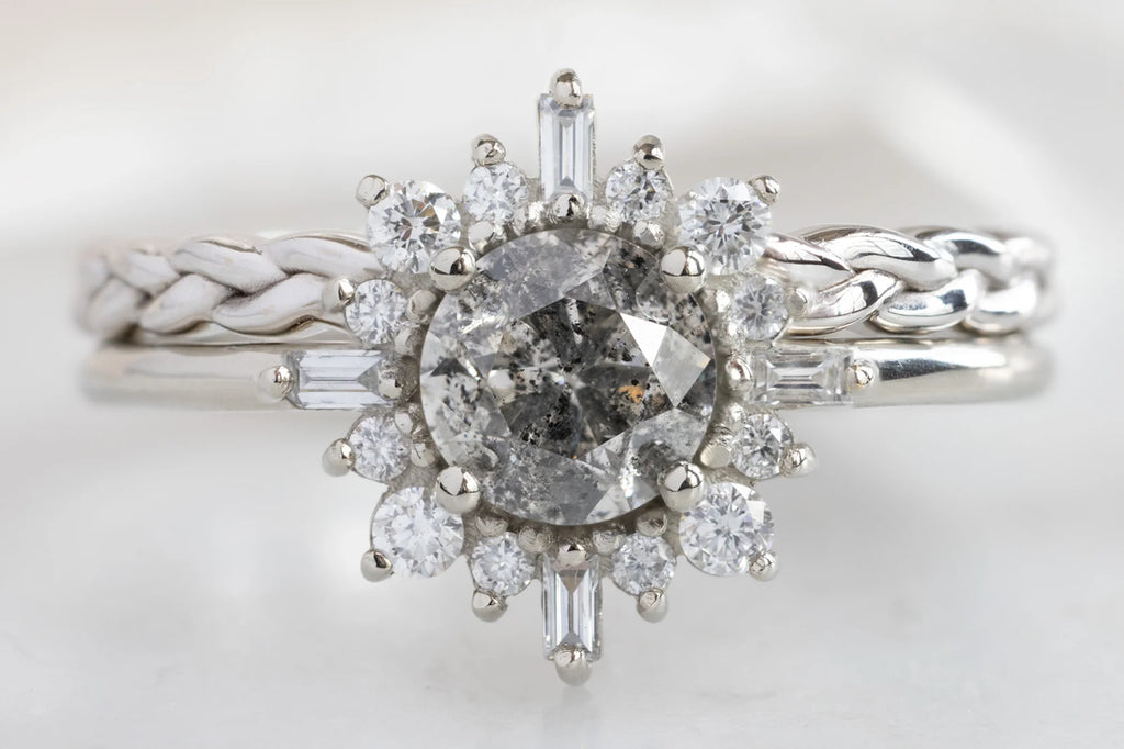 The Compass Ring with a Round-Cut Salt and Pepper Diamond with Braided Stacking Band