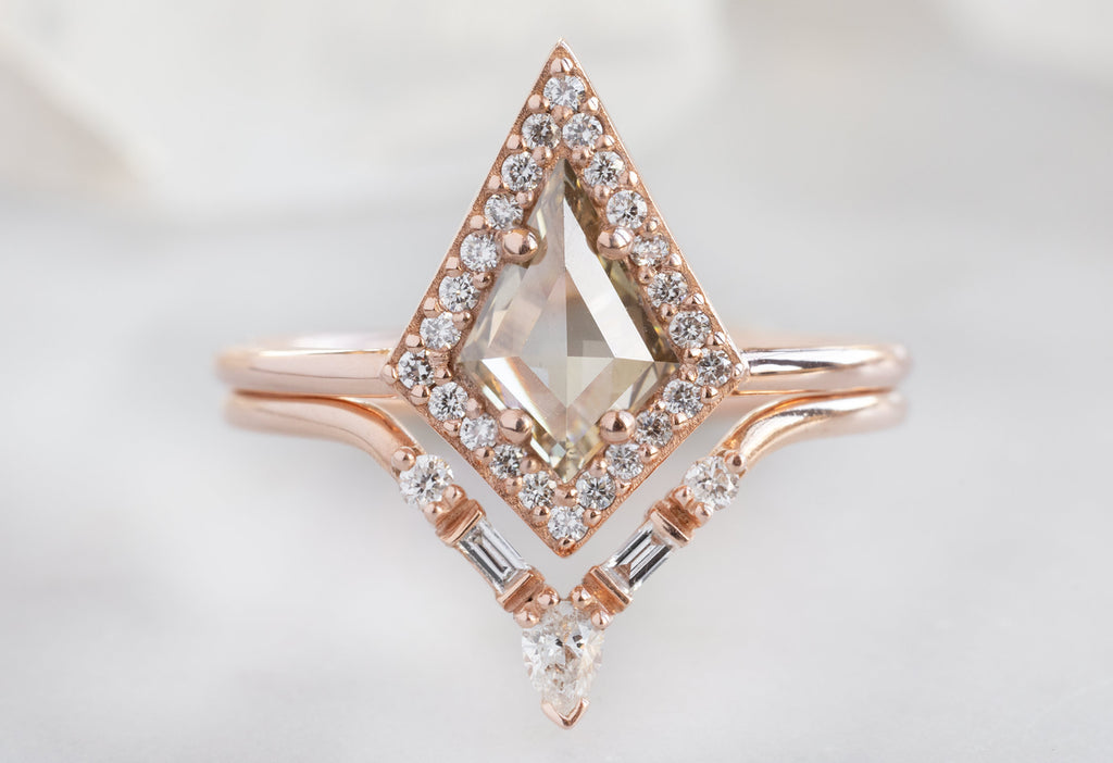 The Dahlia Ring with a Kite-Shaped Champagne Diamond with the White Diamond Tiara Stacking Band