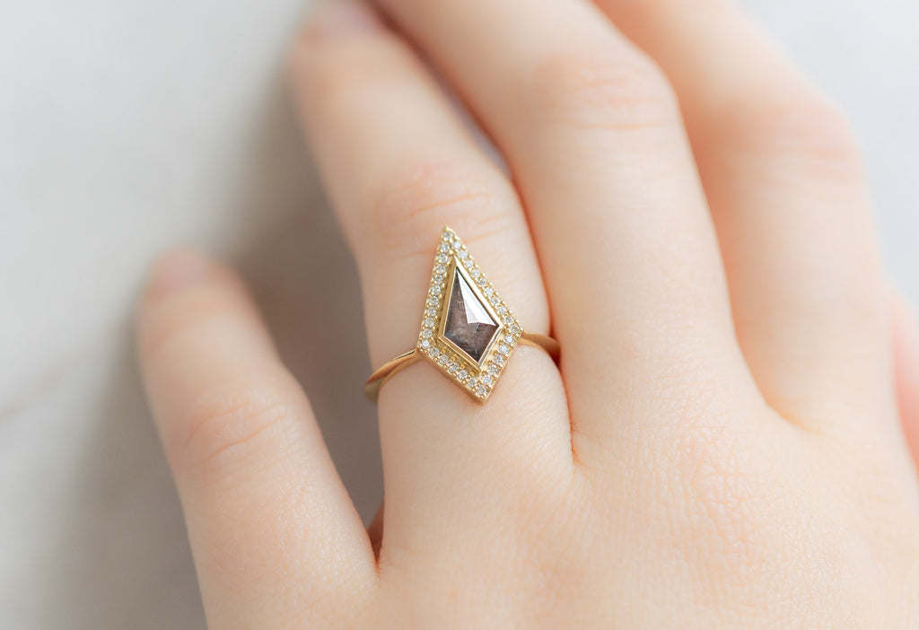 The Dahlia Ring with a Kite-Shaped Salt and Pepper Diamond on Model