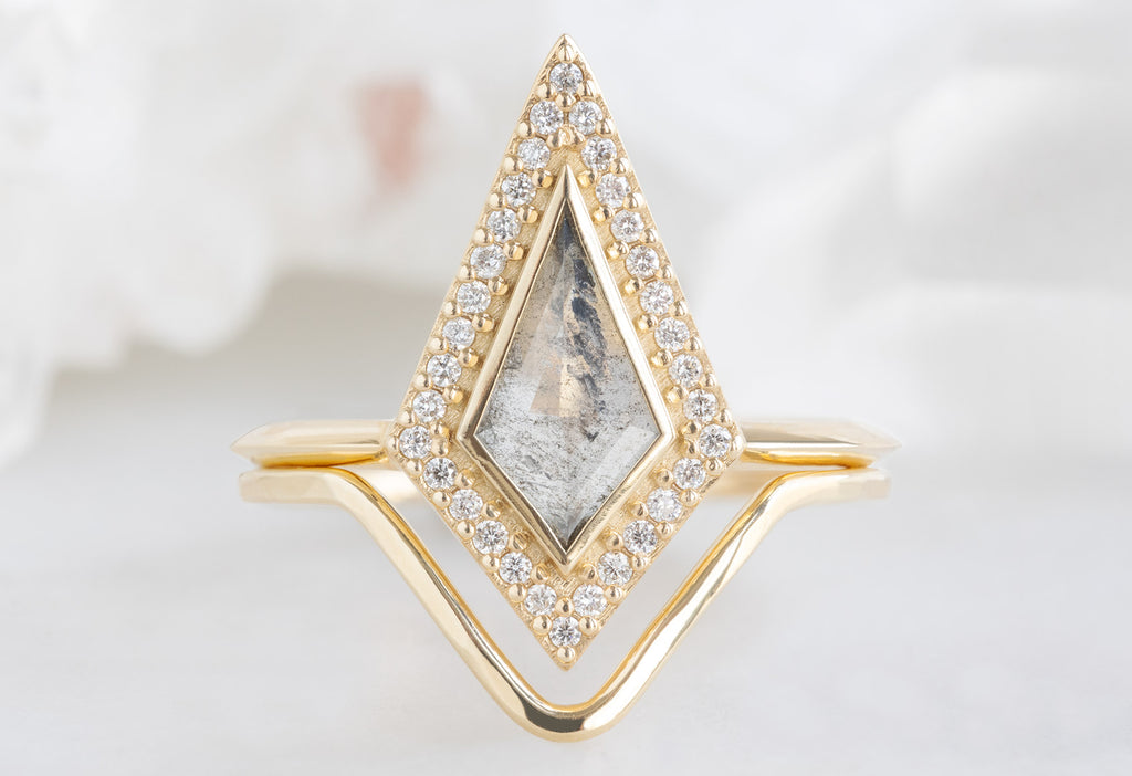 The Dahlia Ring with a Kite-Shaped Salt and Pepper Diamond with Gold Peak Stacking Band