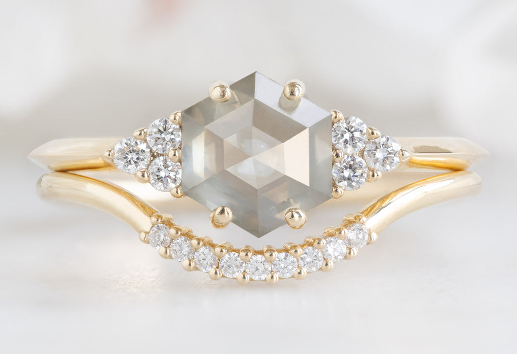 The Ivy Ring with a Green Hexagon Diamond with Pavé Arc Stacking Band