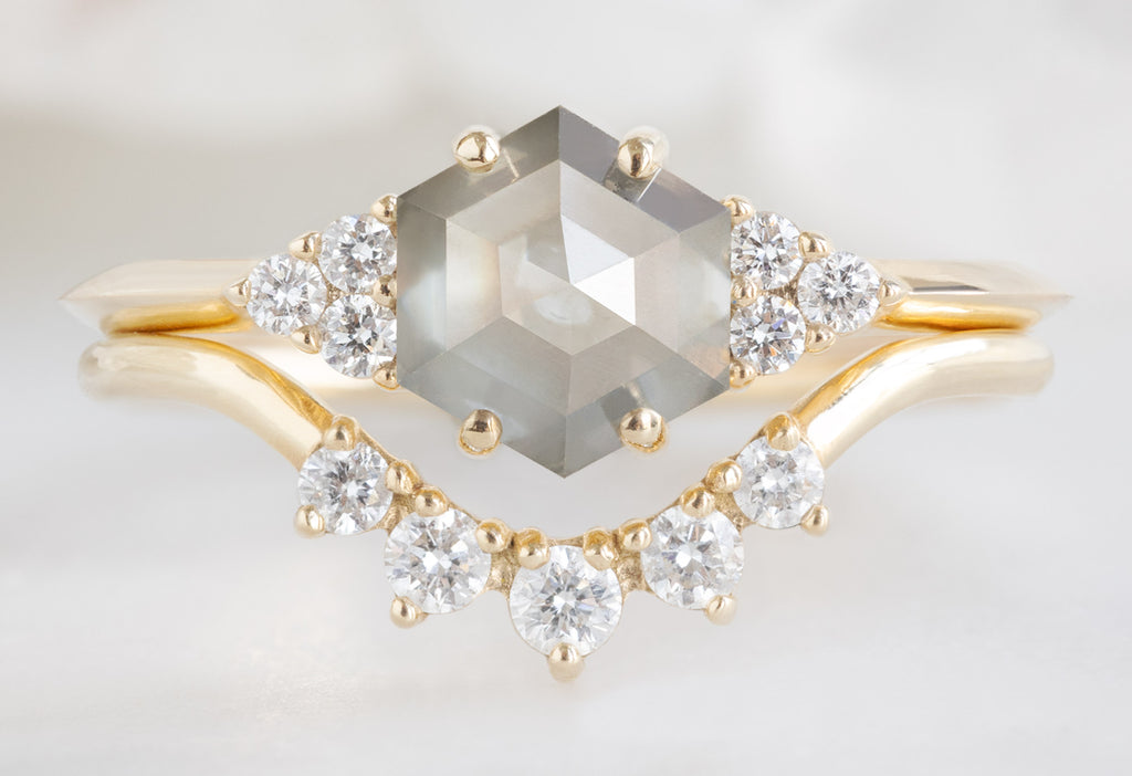The Ivy Ring with a Green Hexagon Diamond with Round White Diamond Sunburst Stacking Band