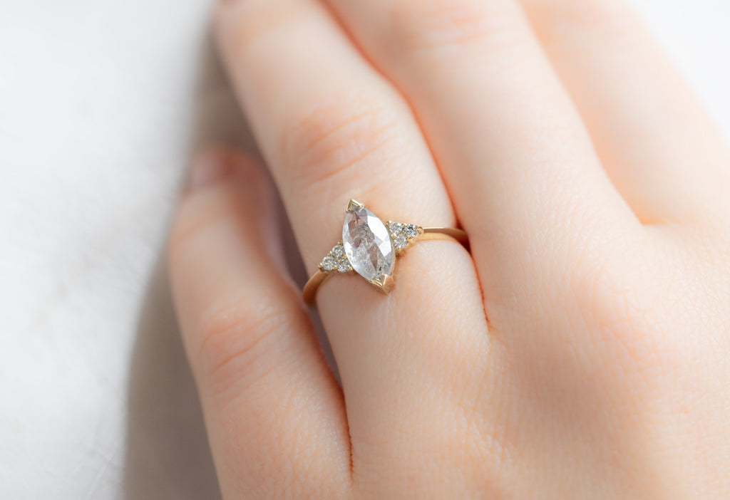 The Ivy Ring with a Marquise-Cut Salt and Pepper Diamond on Model
