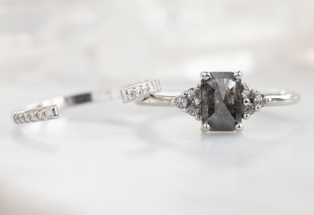 The Ivy Ring with an Emerald-Cut Black Diamond with Open Cuff Pavé Diamond Stacking Band