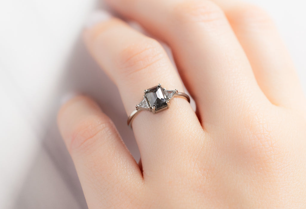 The Jade Ring with an Emerald-Cut Black Diamond on Model