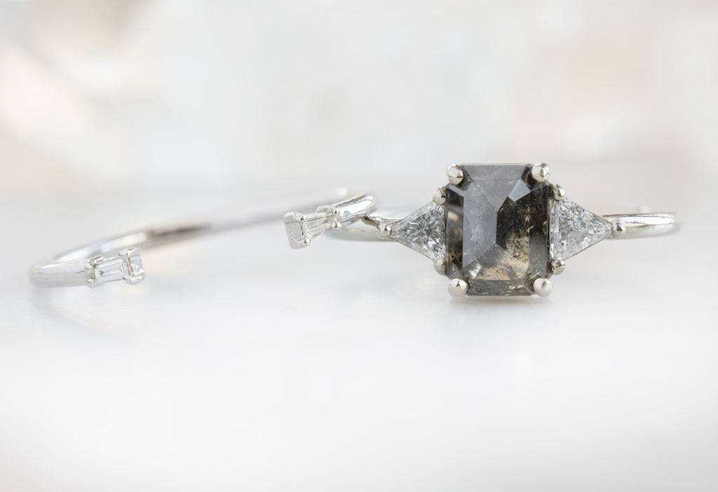The Jade Ring with an Emerald-Cut Black Diamond with Open Cuff Baguette Stacking Band