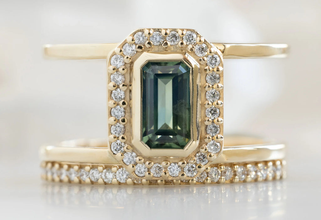 The Poppy Ring with an Emerald-Cut Montana Sapphire with Pavé Diamond Stacking Band
