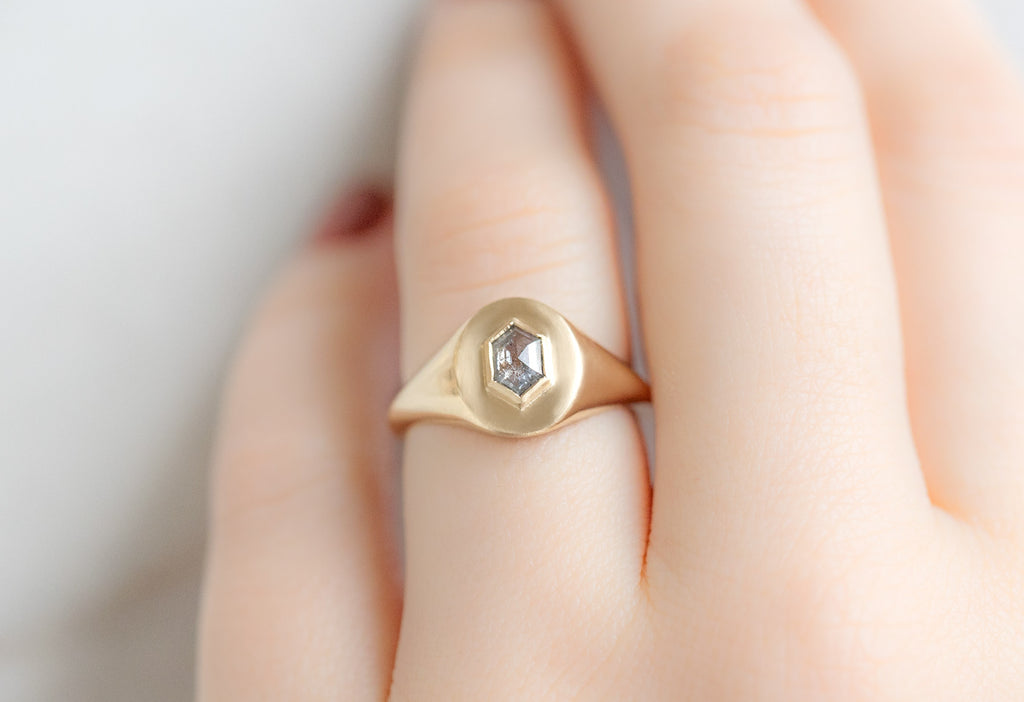 The Salt and Pepper Hexagon Diamond Signet Ring on Model