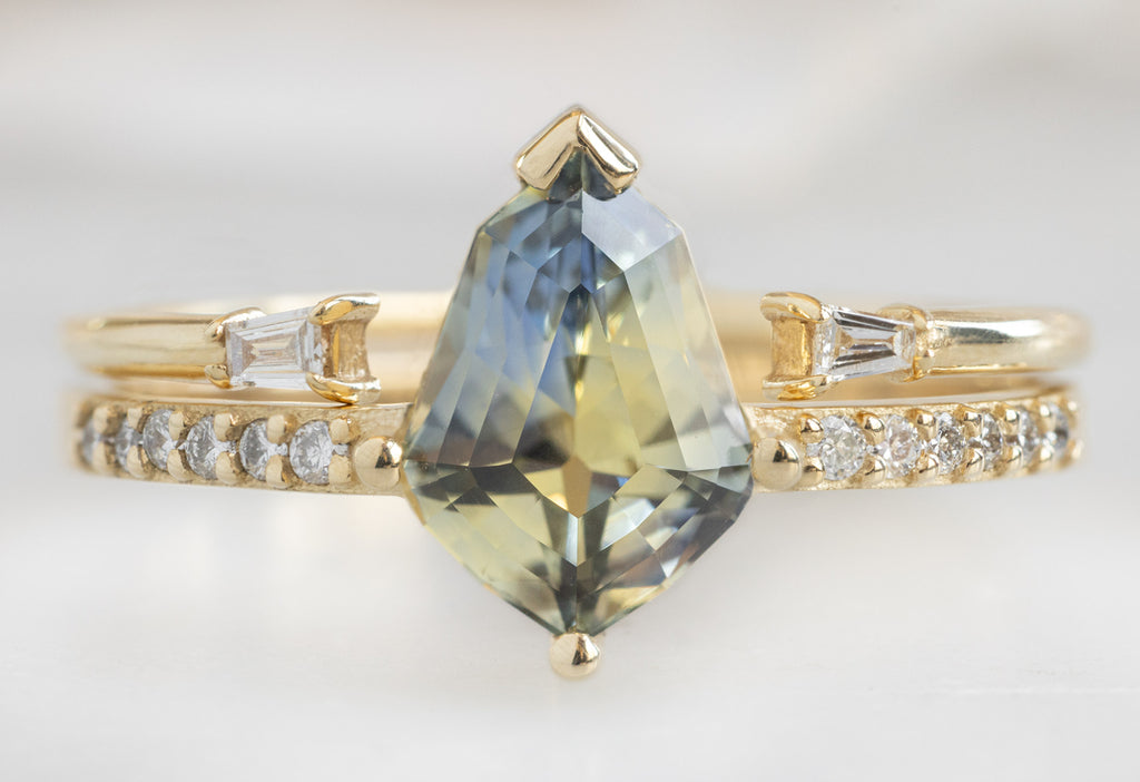 The Willow Ring with a Geometric Parti Sapphire with Open Cuff Baguette Stacking Ring