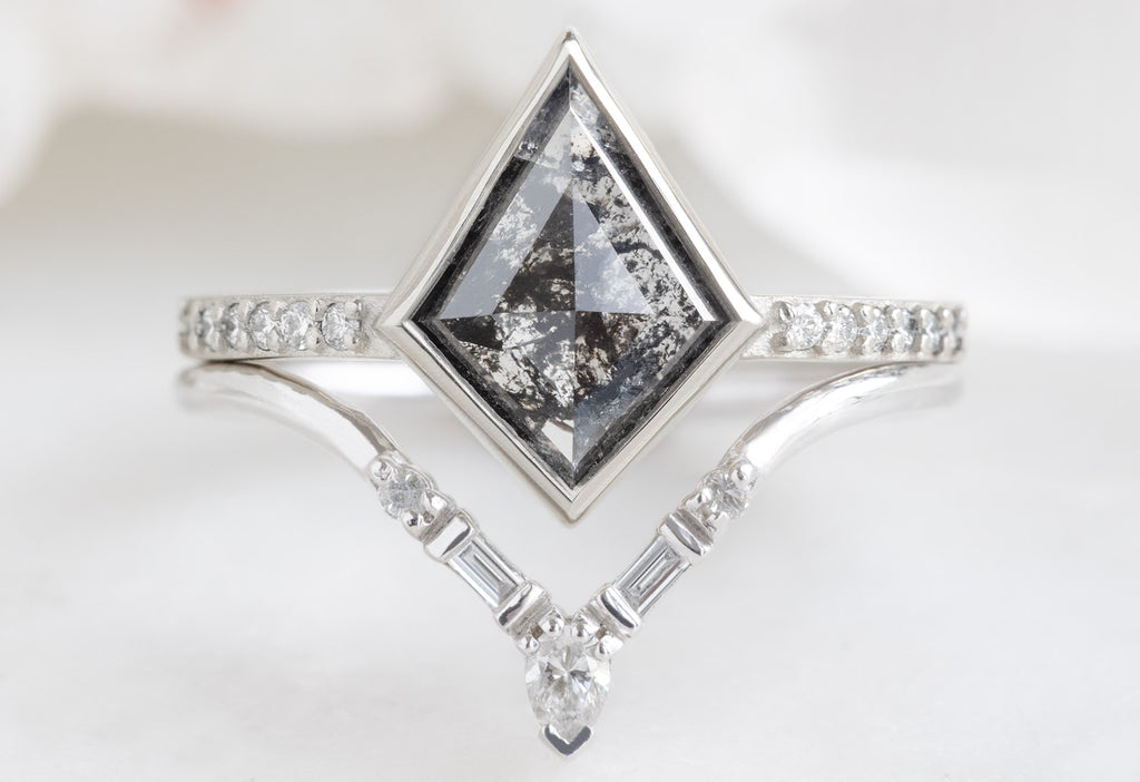 The Willow Ring with a Kite-Shaped Black Diamond with White Diamond Tiara Stacking Band