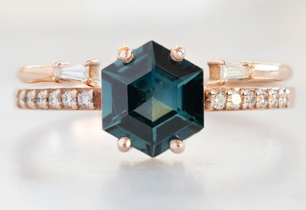 The Willow Ring with a Sapphire Hexagon with Open Cuff Baguette Stacking Band