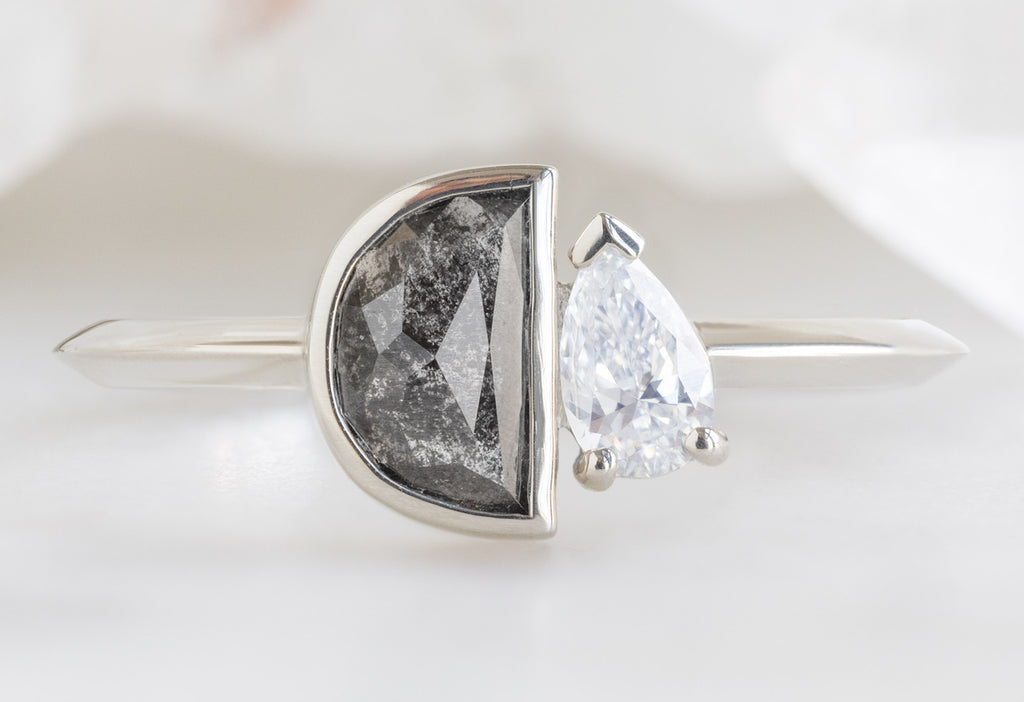 The You & Me Ring with a Black Half-Moon + Pear-Cut White Diamond
