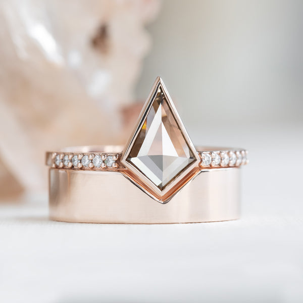 Pink Kite-Shaped Diamond Engagement Ring with Gold Cut-Out Stacking Band