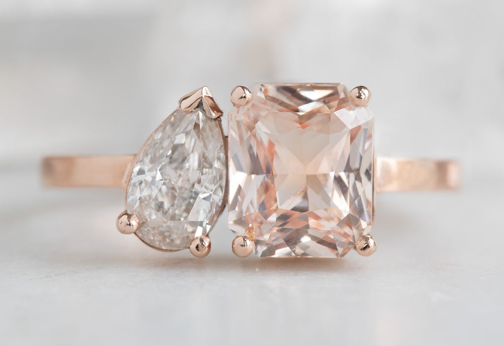 'You & Me' Ring with a Peach Sapphire + Pear-Cut Diamond