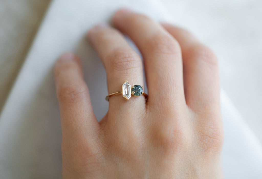 'You & Me' Ring with a Hexagon Diamond + Sapphire on Model