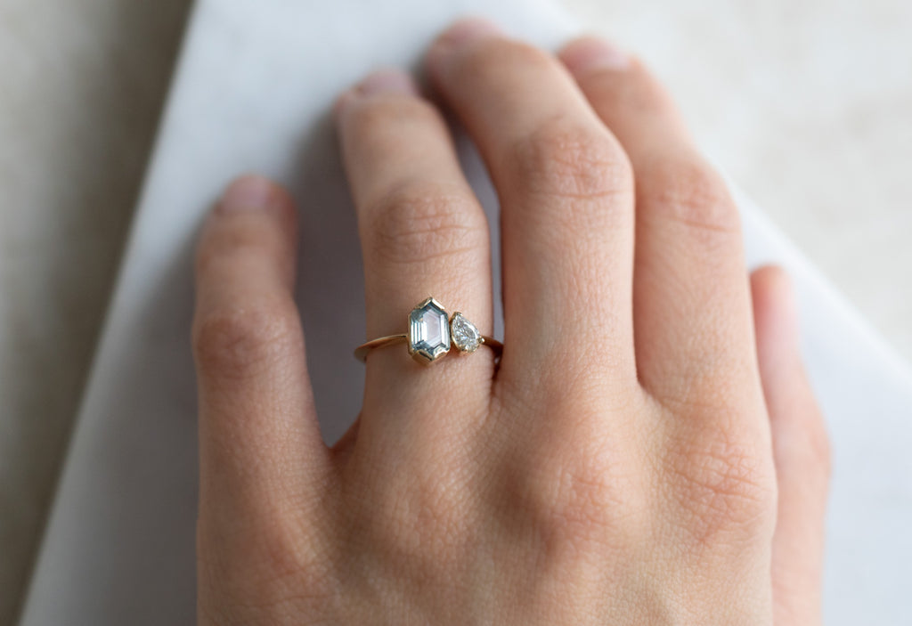 'You & Me' Ring with a Hexagon Montana Sapphire + Diamond on Model