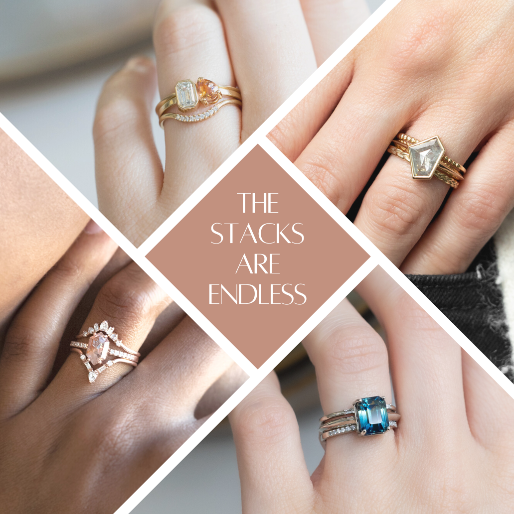 Stacking Bands with Engagement Rings on Model Collage